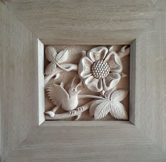 Bramble and Wren - Limewood carving in Oak frame: 14in, 36cm square